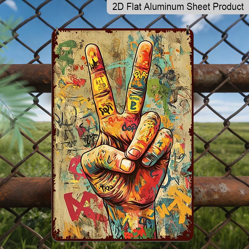 2D Flat Vintage Graffiti Art & Peace Sign | Aluminum Wall Hanging with Doodle Drawing and Peace Hand Gesture, Pre-Drilled Holes, Humorous Design 20*30cm