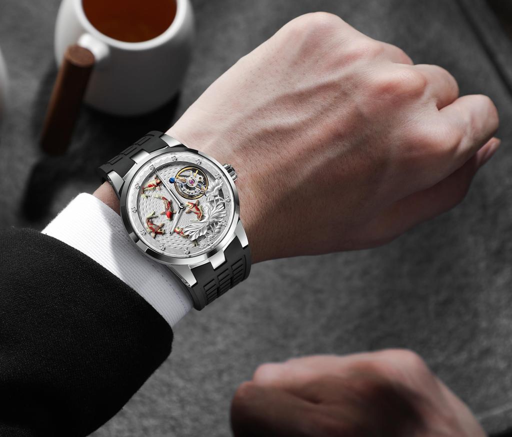 Haofa Carcel Mechanical Watch Manual Winding 3D Carp Dial Waterproof Rubber Strap Luxury Gentleman Gift for Men Men's