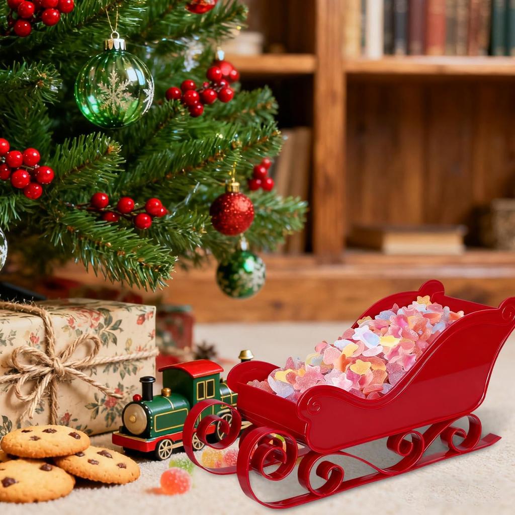 Christmas Mini Sleigh, Christmas Candy Bowl Santa Sleigh Basket Candy Dish Bowl Server Table Top Table Shelf Decors Red Holiday Decoration Winter