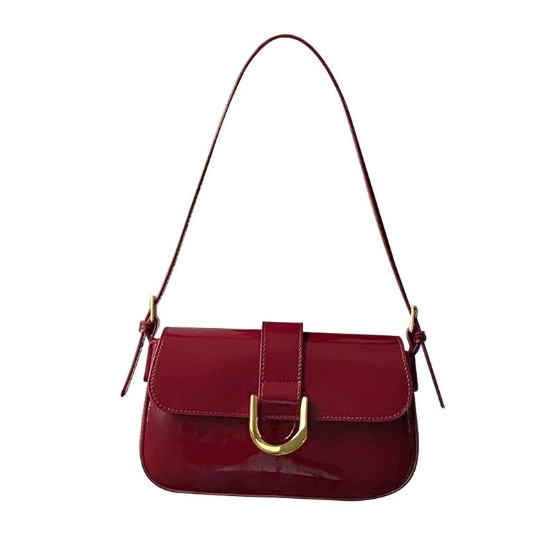 Retro Burgundy Shoulder Messenger Bag Women'S Versatile High-End Horseshoe Buckle Portable Underarm Bag Women