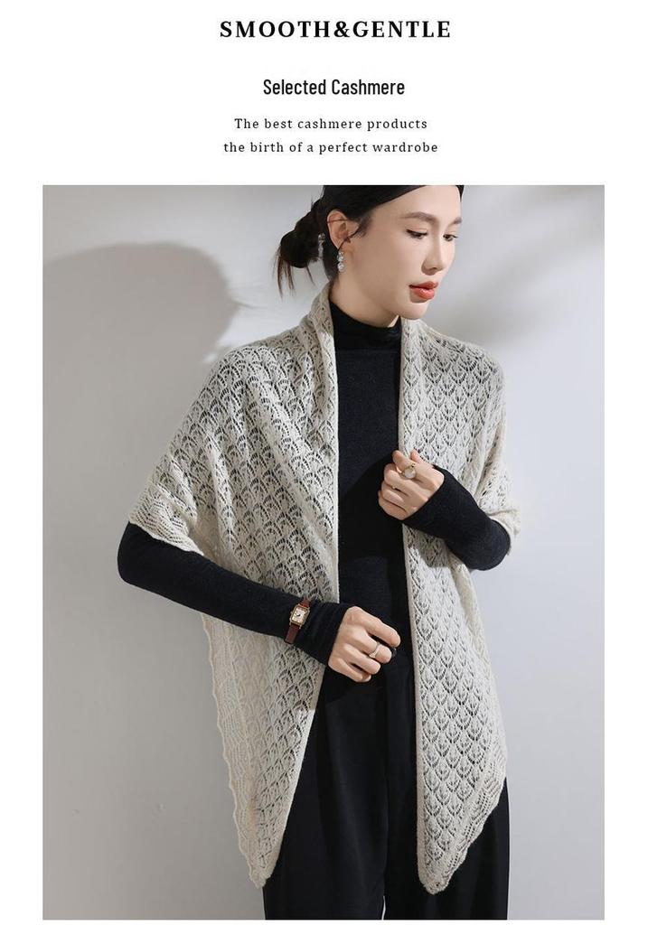 Women's 100% Pure Cashmere Hollow Knitted Shawl - Retro, Stylish & Versatile Solid Color Scarf