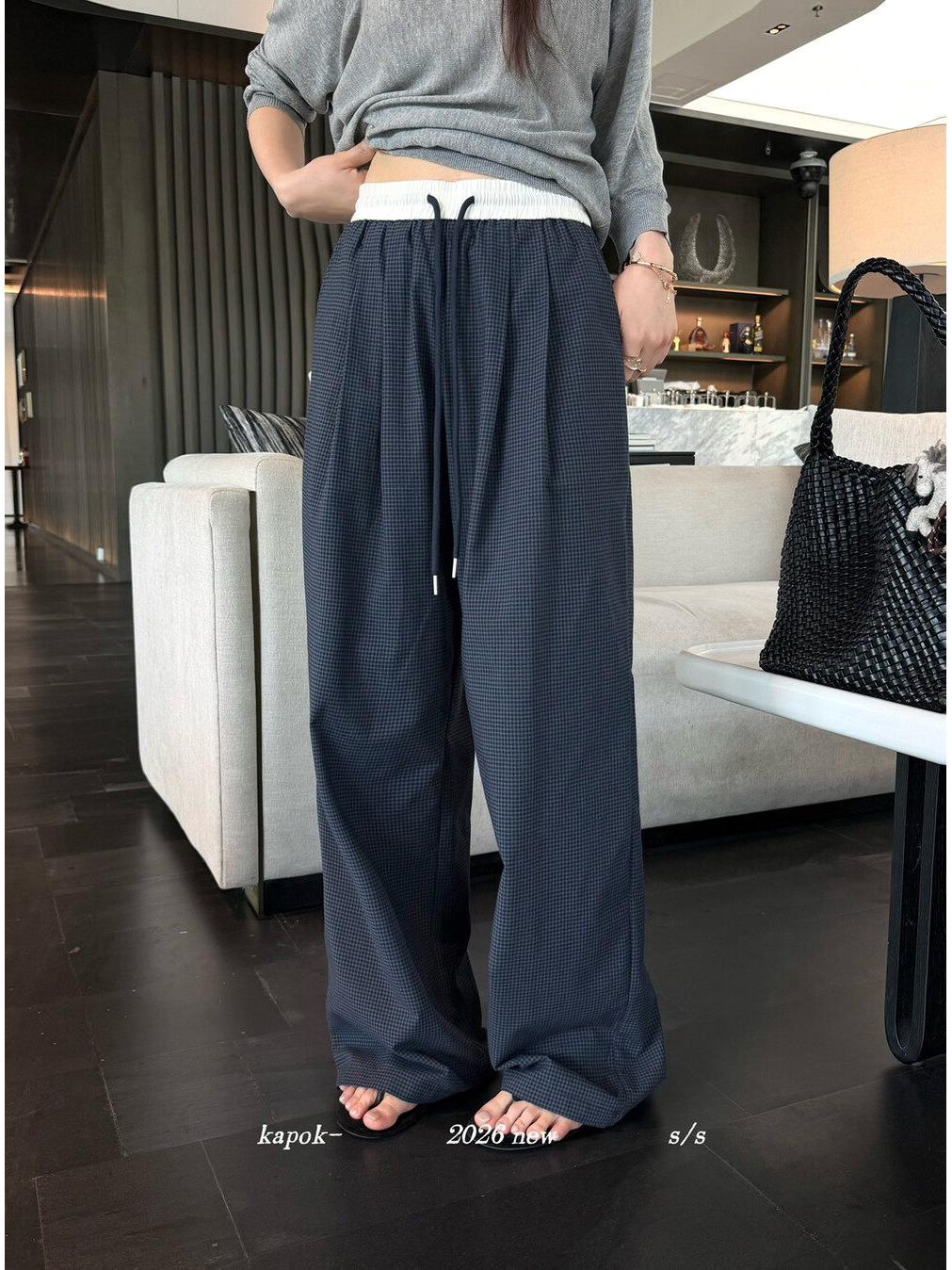 Kapok Color Block Plaid High-Waisted Wide-Leg Pants for Women - Spring 2026 Lace-Up Straight Long Slimming Casual Pants Medium темно-синий