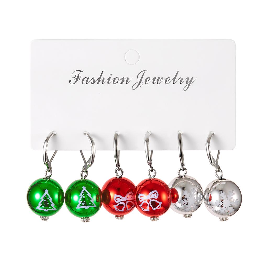 Creative Red Green Christmas Resin Ball Earrings Set for Women Simple Snowflake Xmas Tree Pattern Earrings Party Jewelry Gift