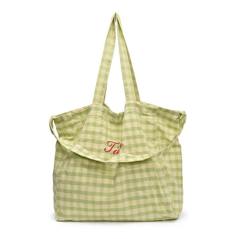 Spring and summer cute plaid shoulder bag, new letter cloth bag, large-capacity student class tote bag