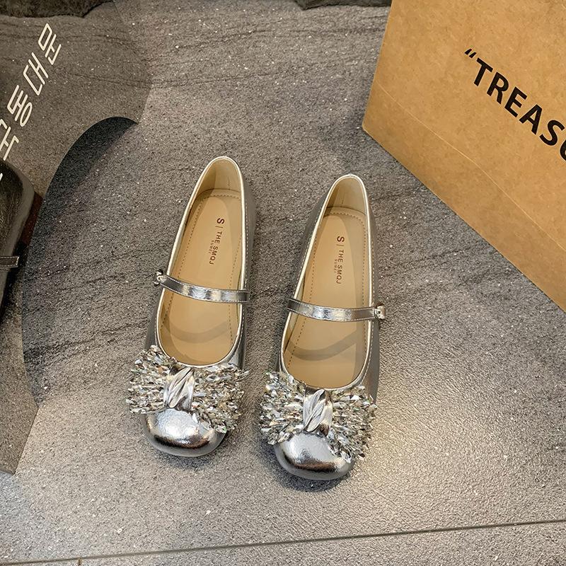 Spring and autumn silver new light mouth rhinestone thick heel Mary Jane flat shoes commuter single shoes women