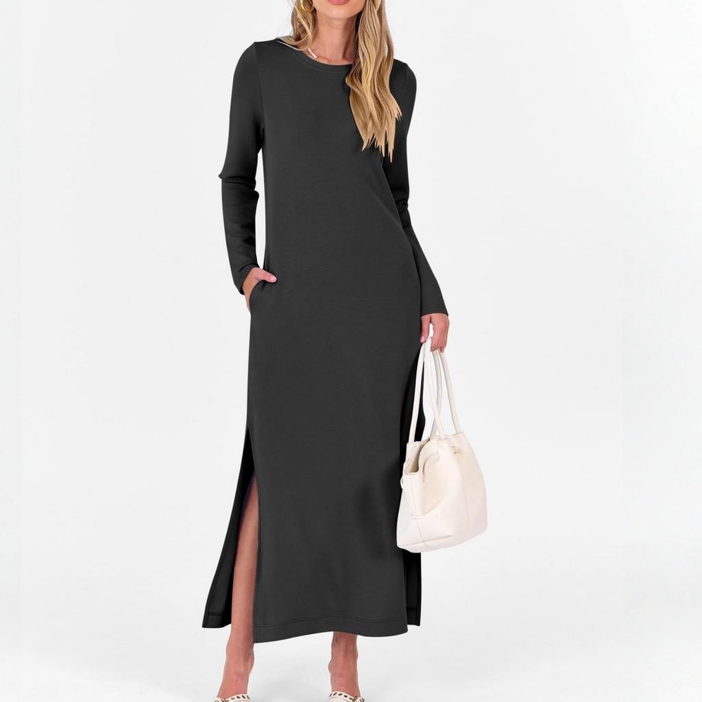 Vestido largo recto de moda para mujer con división de color y doble bolsillo