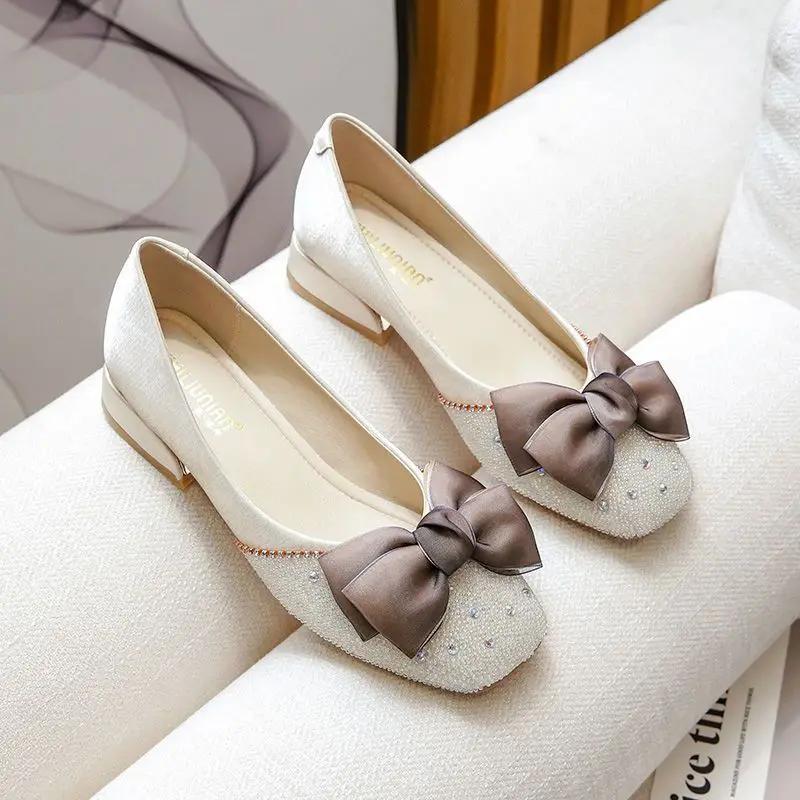 Square Toe with Bow Crystals Rhinestone Low Heel Elegant Women's Shoes Beige Ladies Footwear Diamond E Shoe Comfortable Offer