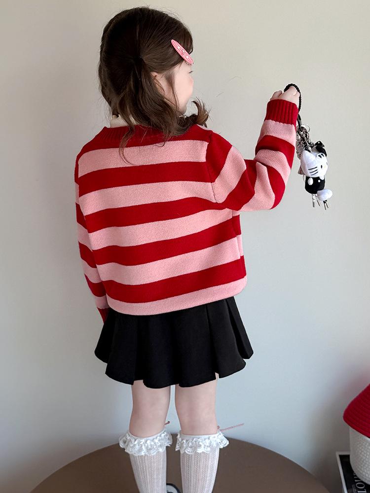 Girls' 2025 Autumn Knitted Cardigan Coat with Cat Cartoon Stripes