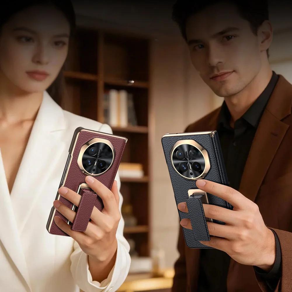 For Honor Magic V6 Genuine Leather Phone Case with Rotating Wrist Strap Stand Magnetic Dual-Axis Electroplated Litchi Texture
