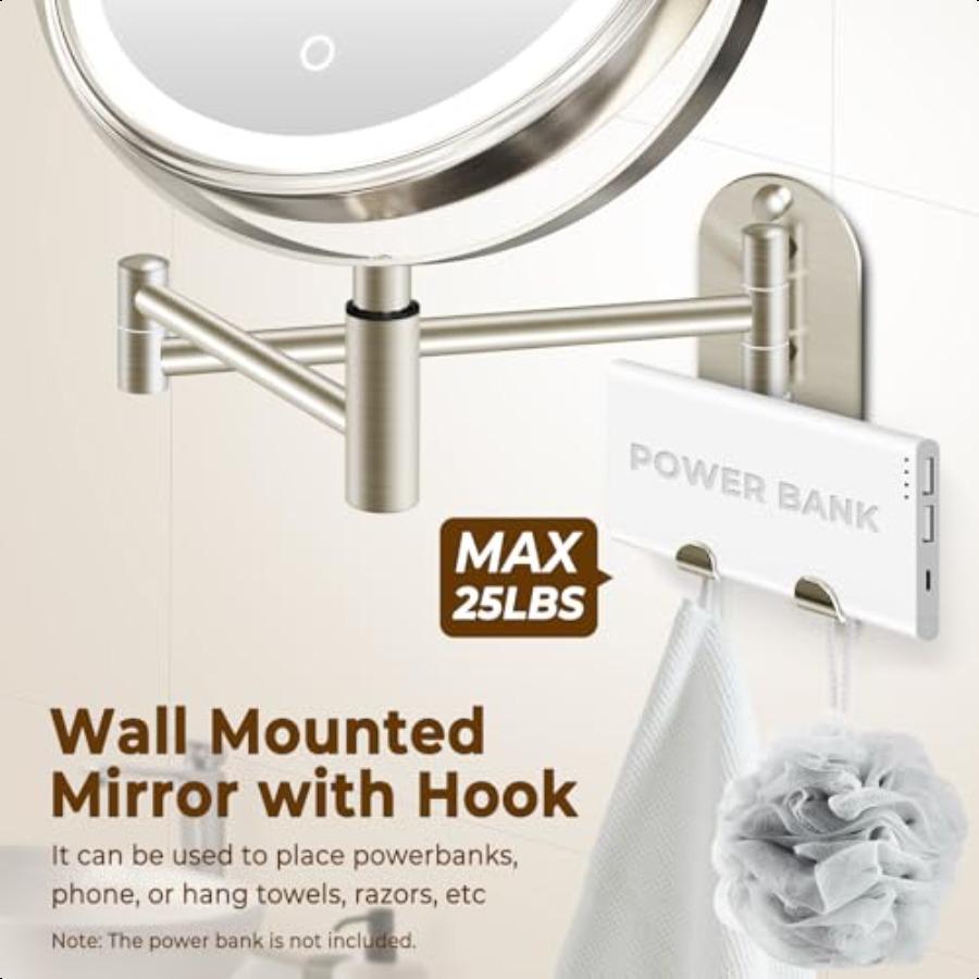 8 Wall Mounted Lighted Makeup Mirror 3000mAh Rechargeable Double Sided 1X 10X Magnifying Mirror with Hook 3 Color Lights Touch