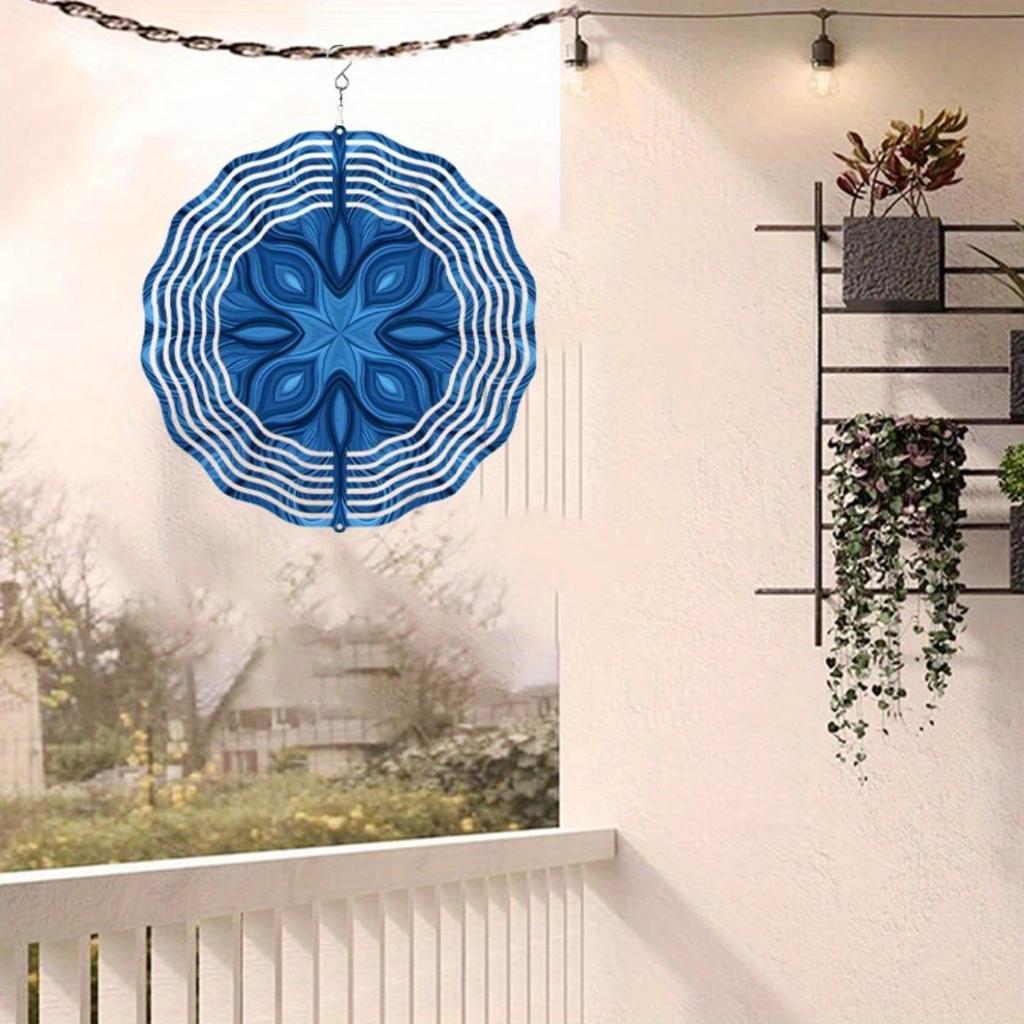 Blauer Metall Windspinner Außenbereich Innenbereich Gartendekor Dynamische wirbelnde Skulptur für Terrasse Hof Hängehaken Kreisdesign Windspiele