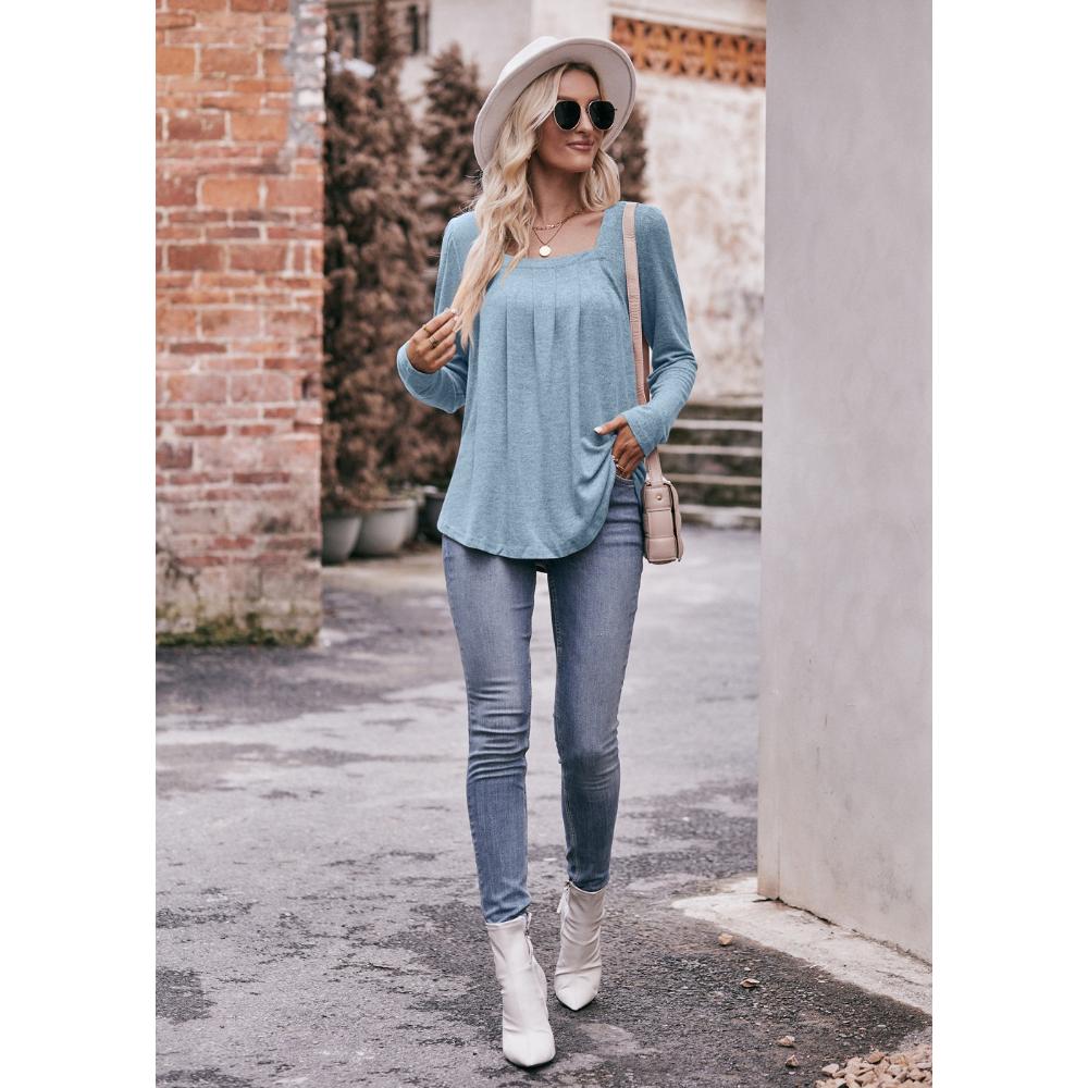 Autumn and Winter Women's Blouse Casual Bubble Sleeve Square Neck Pleated Long Sleeve Top