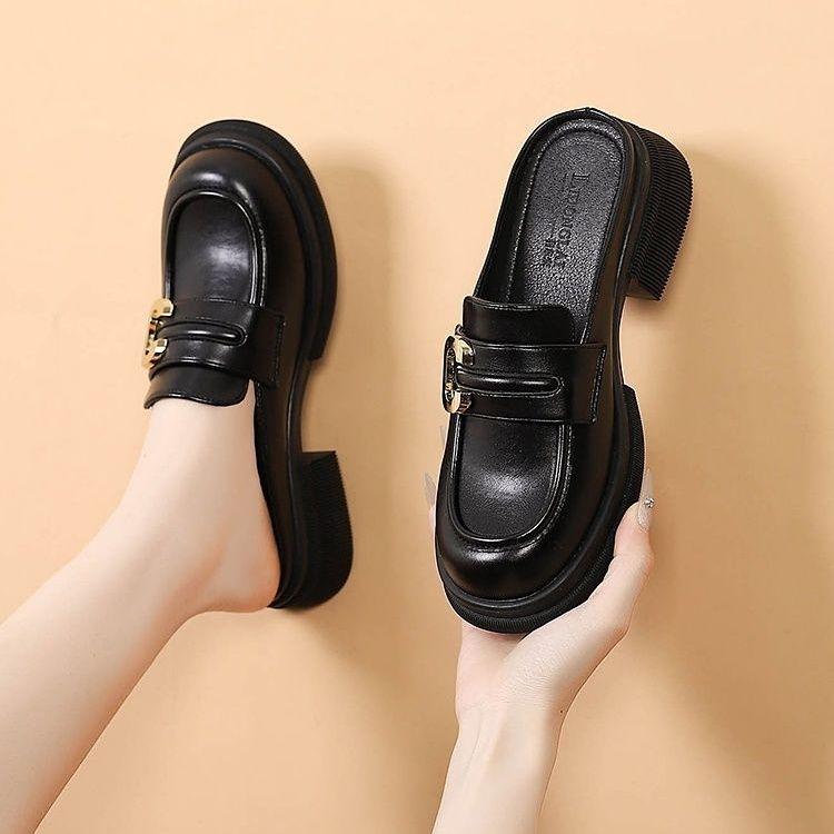 Slides Round Toe Women's Mules Slippers and Ladies Sandals Leather Shoes Height Black Wholesale 39 Stylish Summer 2025 Unique