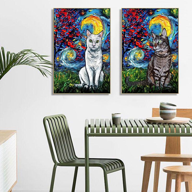 Sternennacht Katze Abstrakte Tier Poster und Drucke Vintage Leinwand Malerei Wand Kunst Bild für Wohnzimmer Korridor Wohnkultur