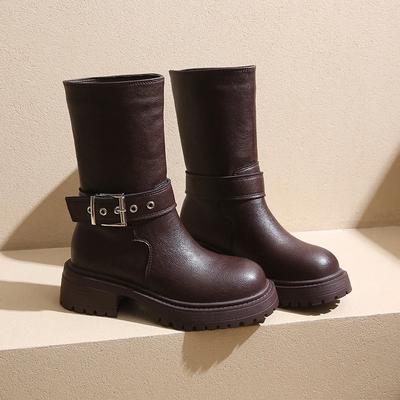 Mode 2024 Sommer Neue Lange Stiefel Dicker Absatz Gürtelschnalle Rutschfest Schlanke Stiefel Retro Mode Großer Schaft Motorradfahrer Stiefel