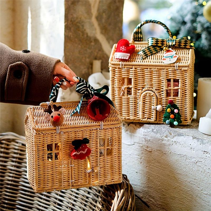 A74E-Rattan House Shaped Basket With Lid, Decorative Hand Woven Shelf Organizer Featuring A Folding Handle, Harvest Wicker Baske