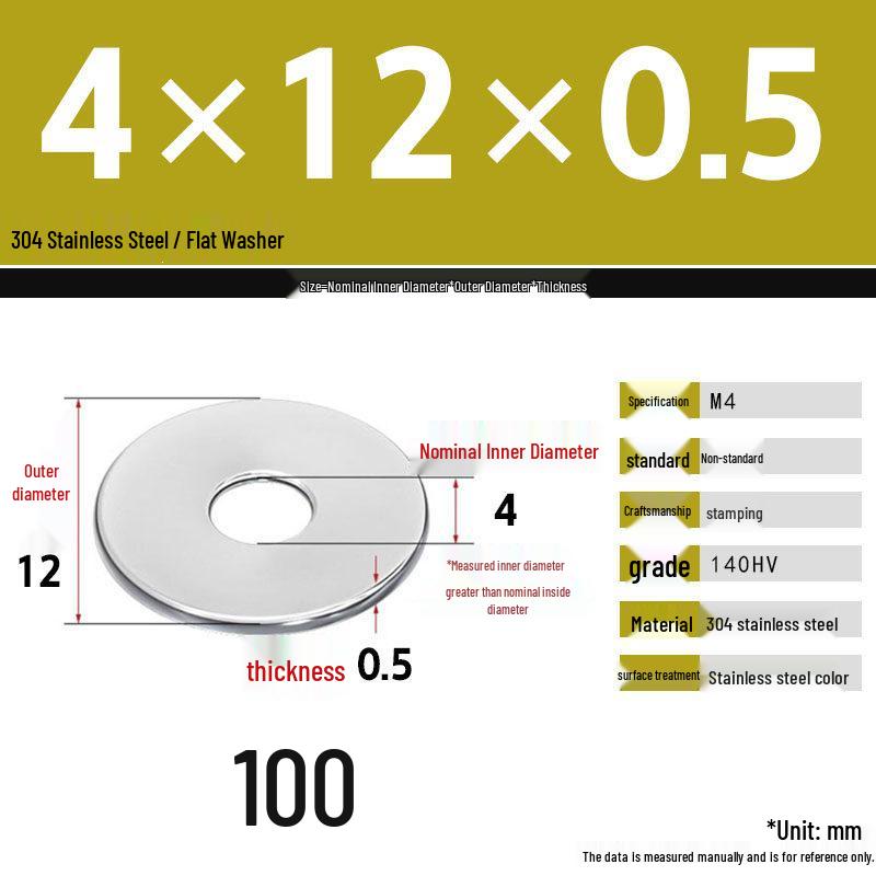 304 Stainless Steel Thickened Flat Washer Set, Sizes 2-36