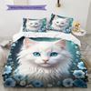 Beautiful White Long‑hair Cat Blue Wildflower Print 3 Pieces Duvet Cover Set Pet Animal Bedding Bedroom Home Decor Without Pillow Core Comforter