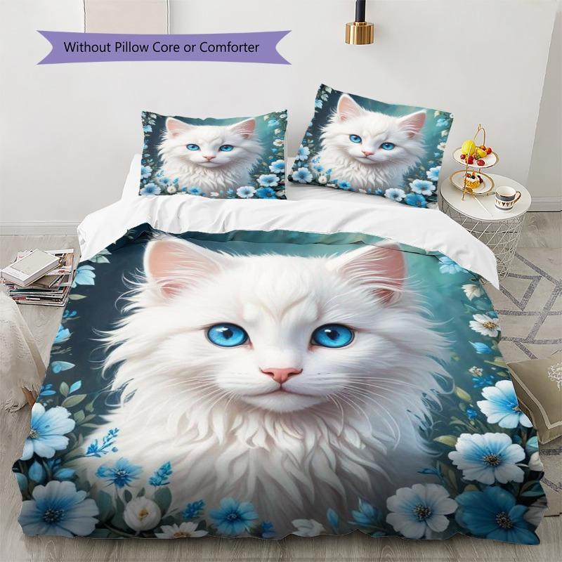 Beautiful White Long‑hair Cat Blue Wildflower Print 3 Pieces Duvet Cover Set Pet Animal Bedding Bedroom Home Decor Without Pillow Core Comforter