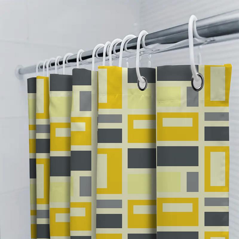 Modern Geometric Shower Curtain Design Rectangular Shapes Pattern Bath Decor With Hook Set In Yellow Grey #5731468290569