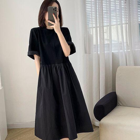 

Summer new Korean version loose large size thin niche A-shaped skirt black Hepburn style short-sleeved dress women M