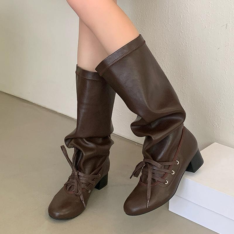 Fashion Liyke New Fashion Round Toe Lace Up Pleated Knee High Boots Woman Low Square Heels Autumn Winter Leather Ladies Shoes Booties