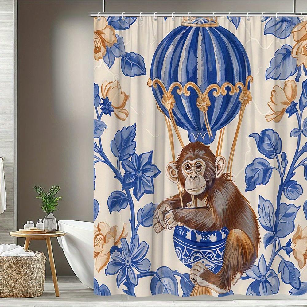 1Pc. Hot Air Balloon Animal Pattern Shower Curtain With Plant Background, Polyester Fabric, Includes 12 Hooks, 70. 8X70. 8 Inche