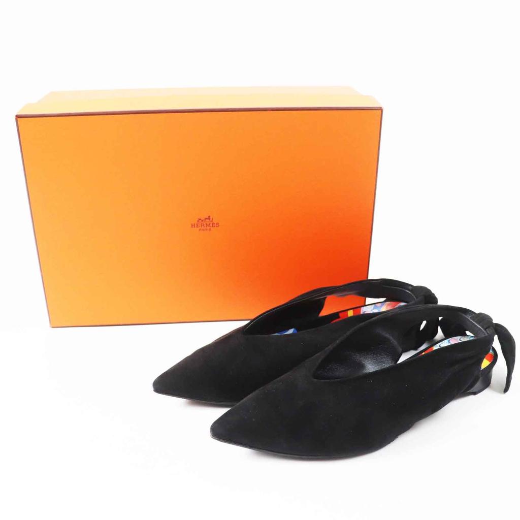 Great HERMES pumps Back ribbon pointed toe black Suede leather Women 36 221013Z Used