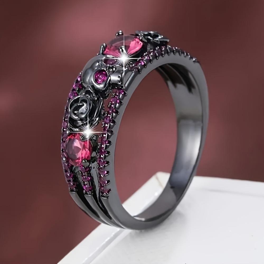 Punky & Simply Style, Black Ring Skull & Rose Design Paved Shining Zirconia Suitable For Men And Women Rings