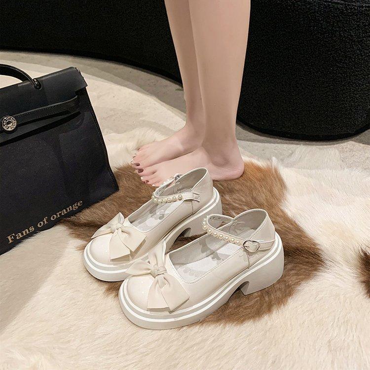 

Туфли Мэри Джейн женские весна-лето 2025 новая модная милая платформа с бантом толстый каблук жемчуг маленькие кожаные туфли 40