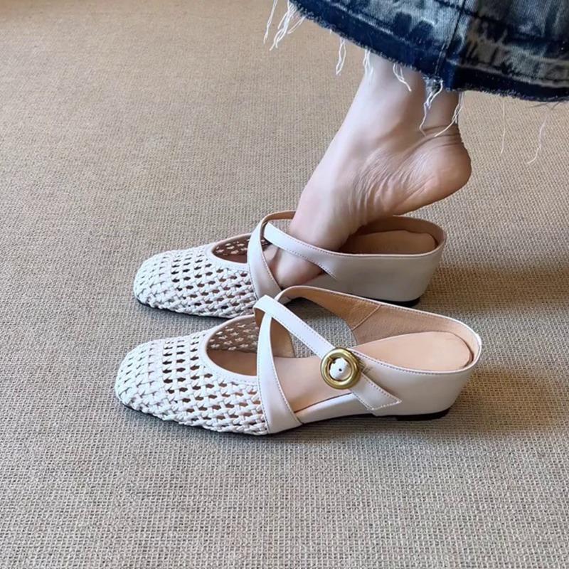 New Woven Hollowed Out Breathable Inner Heightened Baotou Half Slippers for Women with One-word Strap and Fashionable Cool Mop