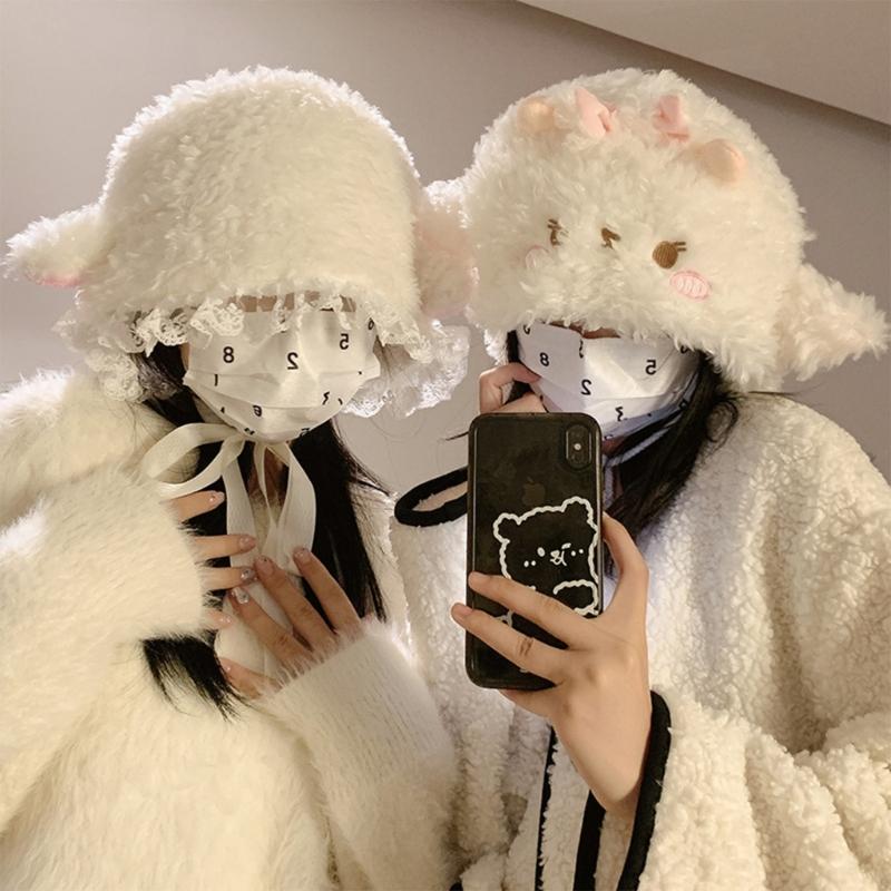 Lovely Plush Cartoon Sheep Hat with Warm Earflap Winter Activity Hat Lace Trim Pullover Hat Ear Protective Trapper Hat