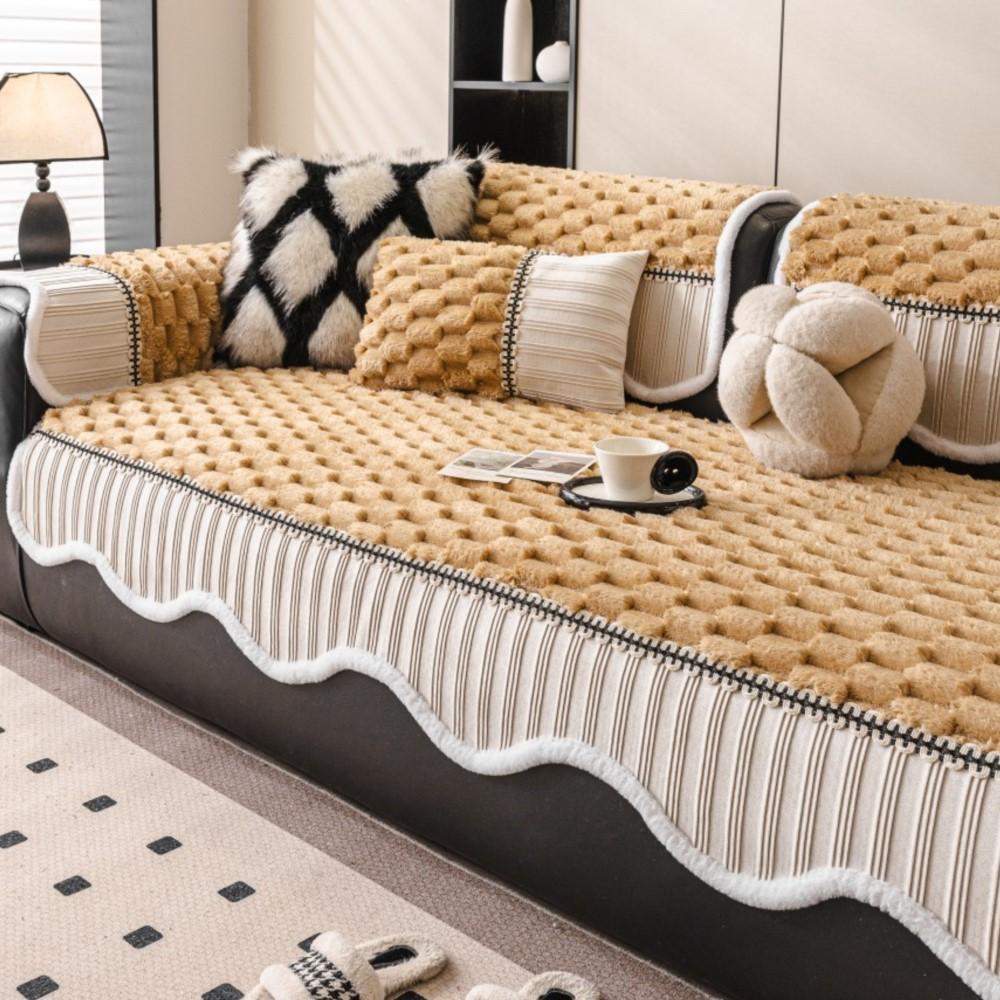 Sofa Cover Sofa Arc Edge Sofa Luxury Non-Slip Seat Soft Thicken Couch Protector Winter Patchwork Fleece Plush Sofa Cushion