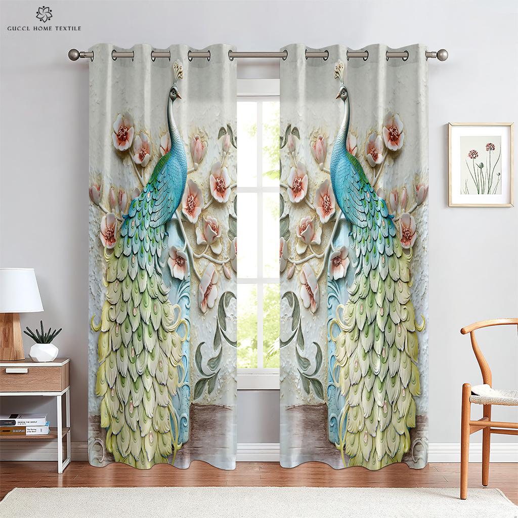 Vintage Peacock 3D-utskrift vindusgardiner, stanglomme, soverom, stue, kjøkkeninnredning, kan tilpasses, 2 stk.