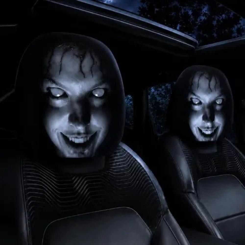 2 Pezzi Coprisedile Auto con Stampa Faccia Spaventosa Nero Protezione Poggiatesta Auto Copri Poggiatesta Auto Halloween