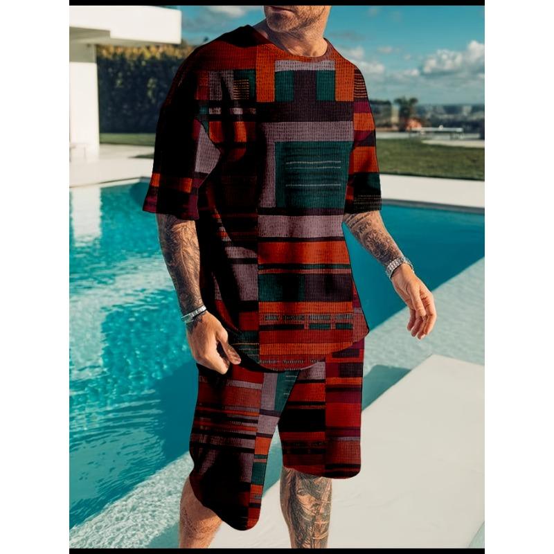 Men'S T-shirt, Shorts, Set, Printed Shirt, Hawaiian Style, Turn- Collar T-shirt, Plaid Pattern, Outdoor, Street Style