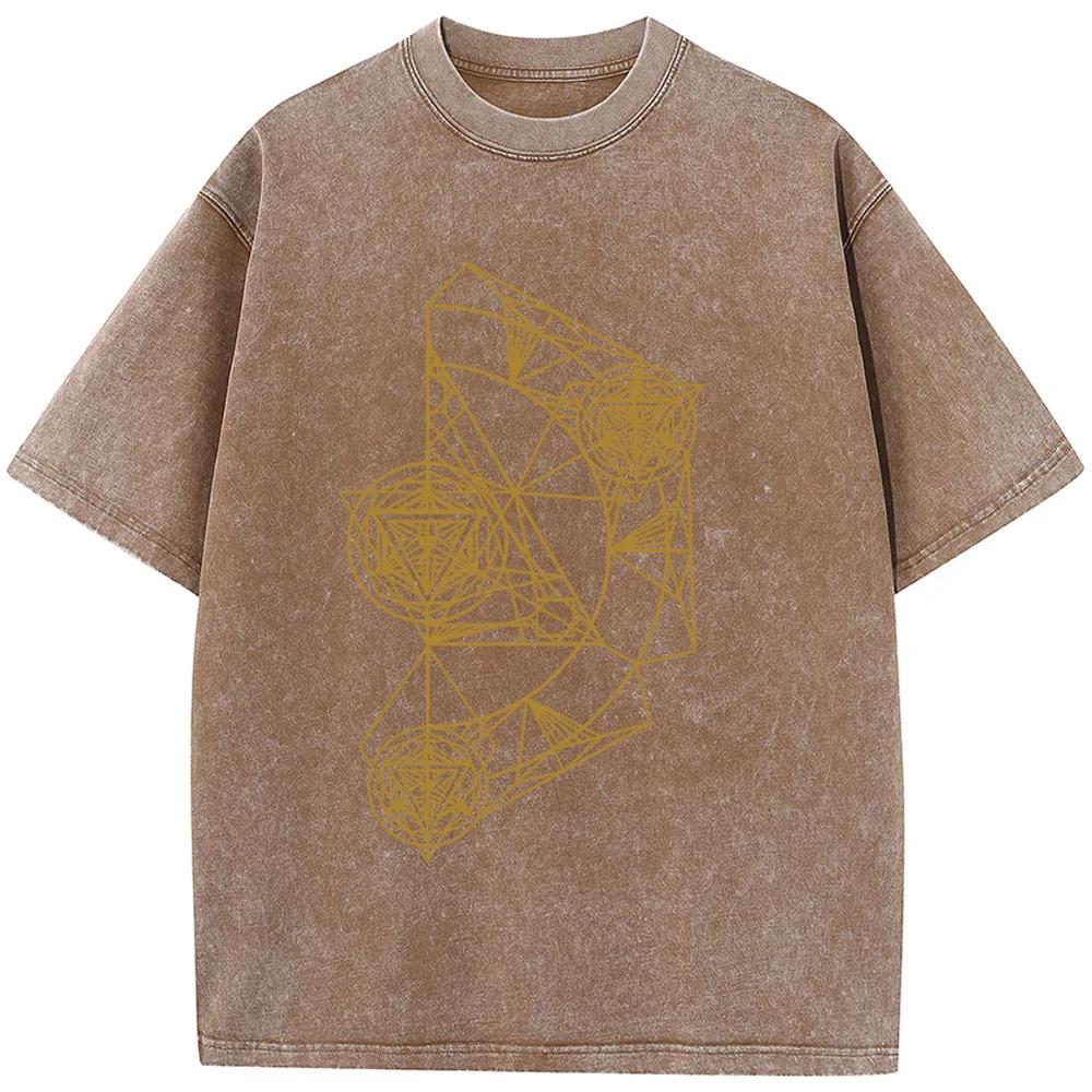 Men's Geometric Short-Sleeved T-shirt 230 Grams Of High-Quality Washed Old Tshirt Streetwear Men Washed T-shirts