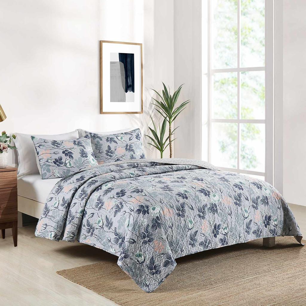 Texstead 3 Pieces Patchwork Gray All Season Bedspreads, Ultra Soft Floral Coverlet Bedding Set with Printed Pattern