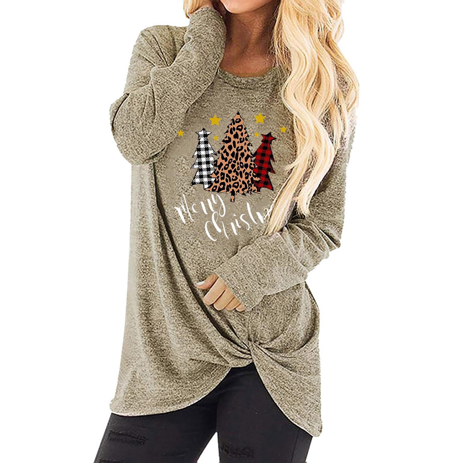 

Жіноча модна повсякденна блуза з різдвяним принтом і круглим вирізом з довгим рукавом L хакі