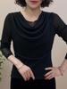 One-Piece 2025 Autumn Pile Collar Mesh Long-Sleeve Women's T-Shirt