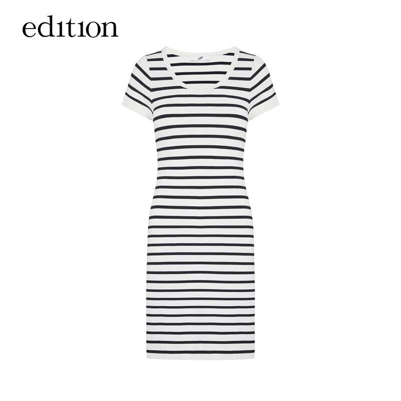 EditionE+ Striped Knit U-Neck Backless Short Sleeve Dress