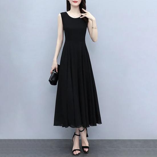 Women Sleeveless Midi Dress Summer Crew Neck Flowy Long Dress Beach Casual Pleated Swing Tank Dress