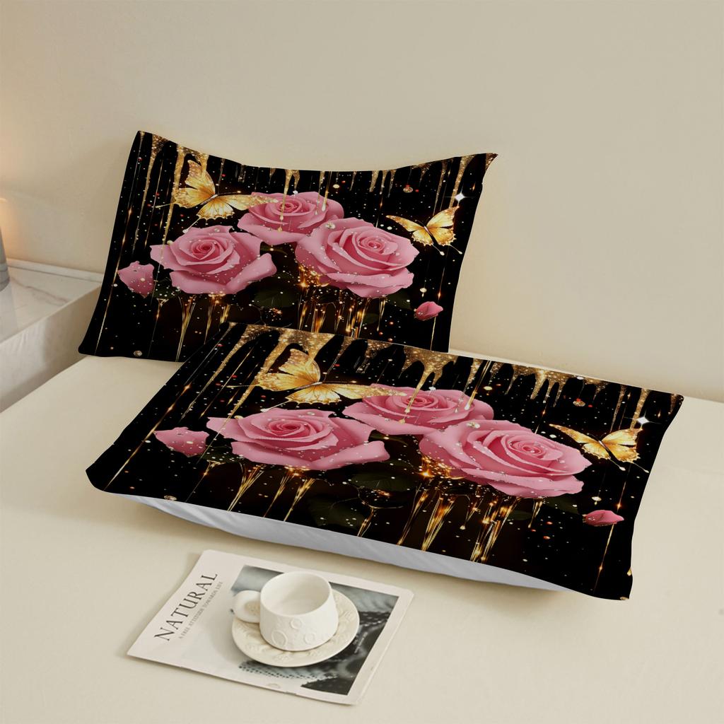 Rose And Butterfly Printed Fitted Sheet Set Black With Pink Roses And Gold Butterflies Bedding With Pillowcases For Bedroom