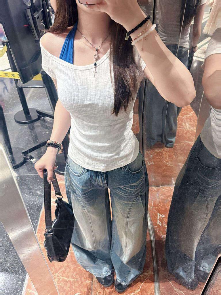 Korean Wear White Slanted Shoulder Short-sleeved T-shirt Women's Summer New Spice Girl Style Waist and Thin Off-the-shoulder Top