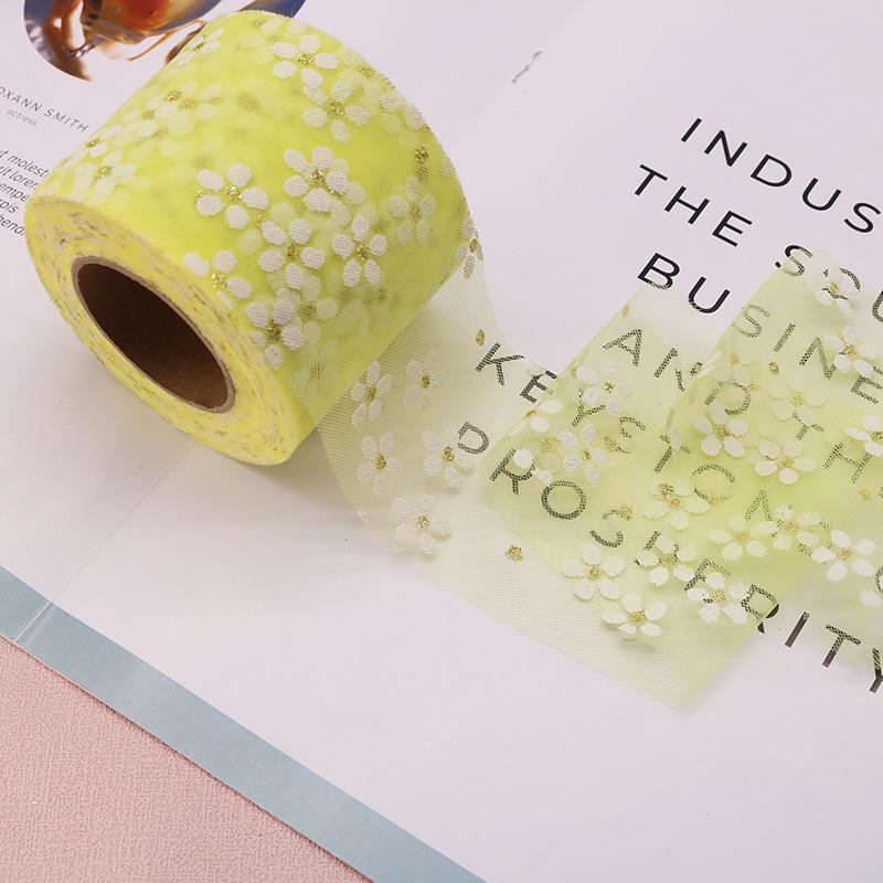 6cm Width 25Yards Daisy Tulle Ribbon Mesh Roll DIY Handmade Hair Decoration Baking Party Wedding Printed Mesh Fabric Supplies