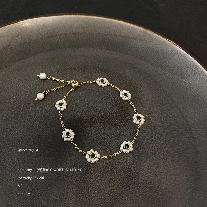 French Retro Emerald Flower Bracelet Women's Adjustable Design Bracelet In Simple Personalized Jewelry