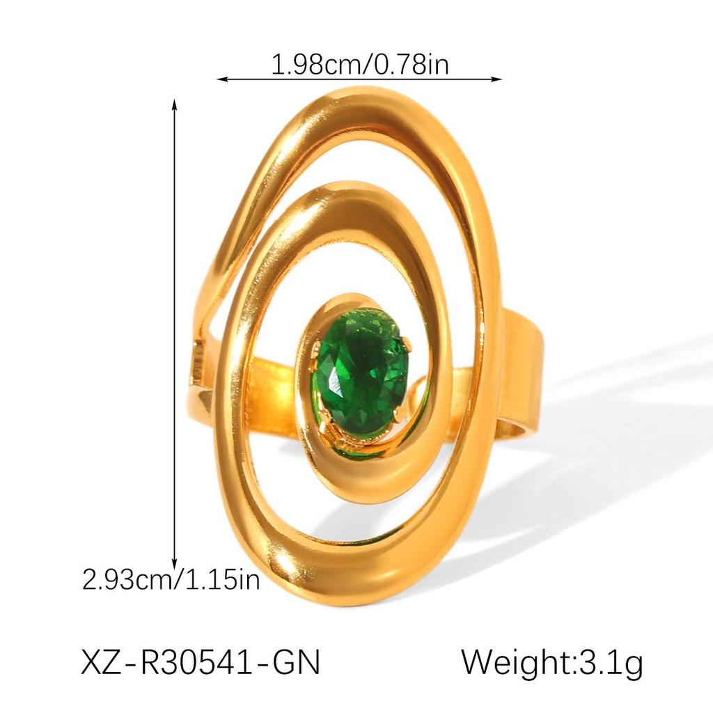 Retro Green Gemstone Zircon Stainless Steel Open Ring for Women