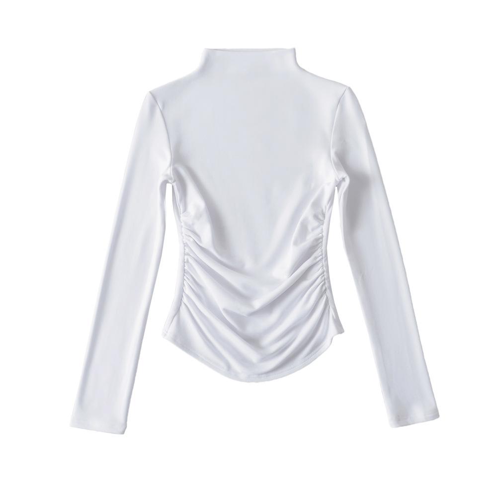 Autumn new women's European and American solid color velvet warm semi-turtleneck bottoming shirt pleated slim-fitting long-sleeved T-shirt