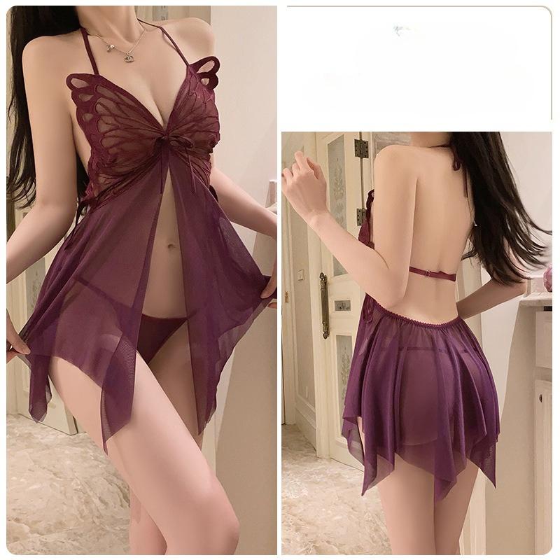 Large Size Women’s Sweet Sleep Dress with Thong Sexy Sheer Mesh Lingerie Nightdress with Butterfly Design