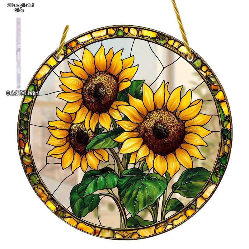 Sonnenblumen-Sonnenuntergangs-Berglandschaft Sonnenfänger Buntglas Rundes Acryl Hängende Dekoration Geeignet für Fenster Sonnenfänger Tür, Sonnenfänger